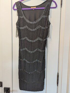 Vintage 90s Beaded Fringe Flapper Dress | Gatsby Style Black Cocktail Midi |Sz M